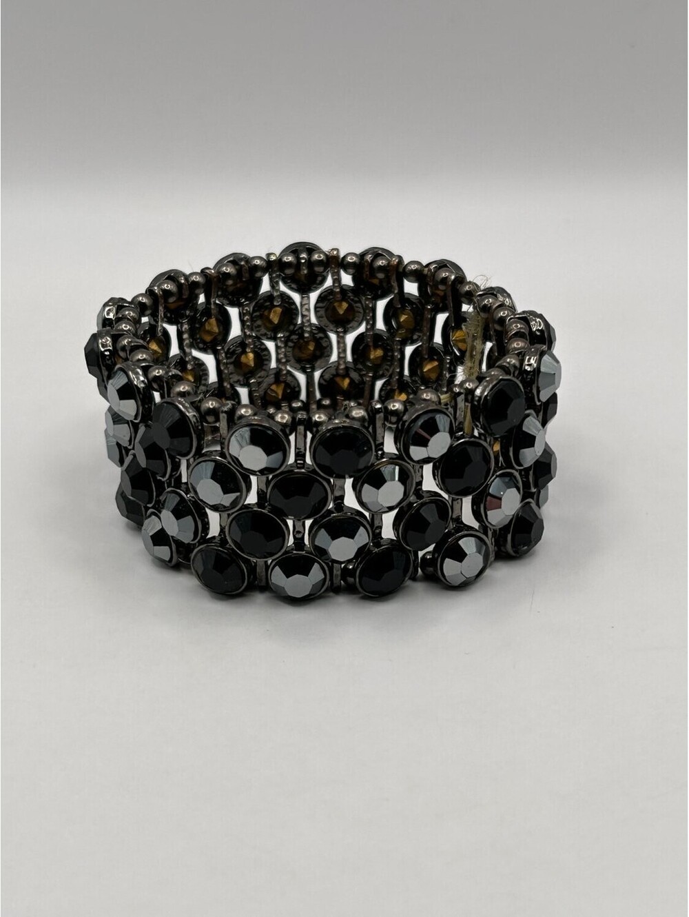 Black Rhinestone Stretch Cuff Bracelet Gunmetal Hematite Multi Row Statement - Picture 2 of 4